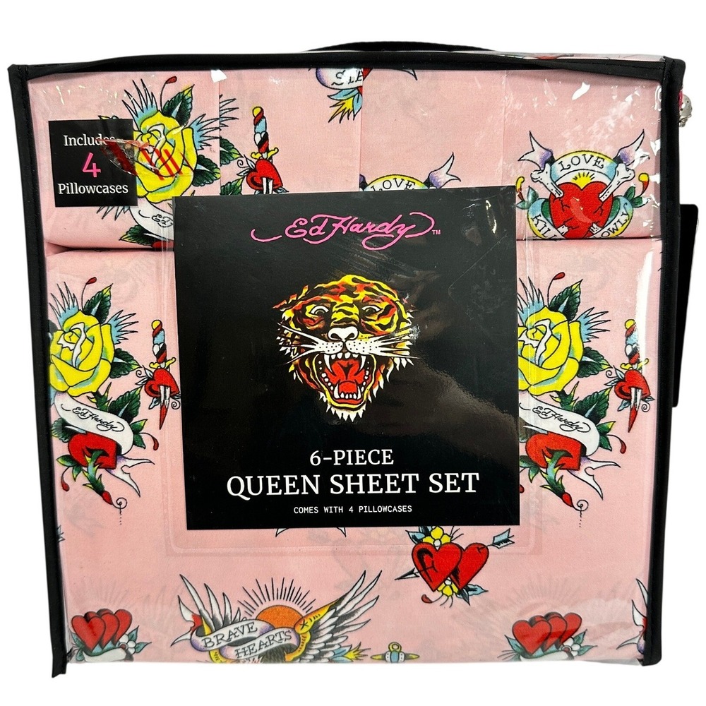 Ed Hardy Sheet Set Queen 6 Piece Pink New Tattoo Print Tiger Rose Heart Dagger